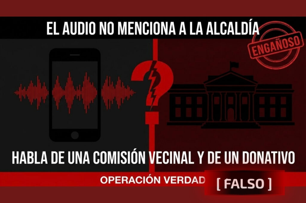 El audio habla de una comisión vecinal electa por el IECM y de un donativo: no menciona a la alcaldía ni a la persona que el mensaje señala